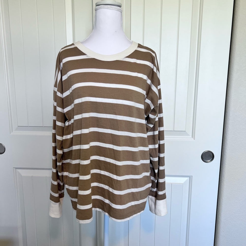 J. Crew Tan and Cream Striped Long Sleeve Lightweight Cotton Tee Sz Large